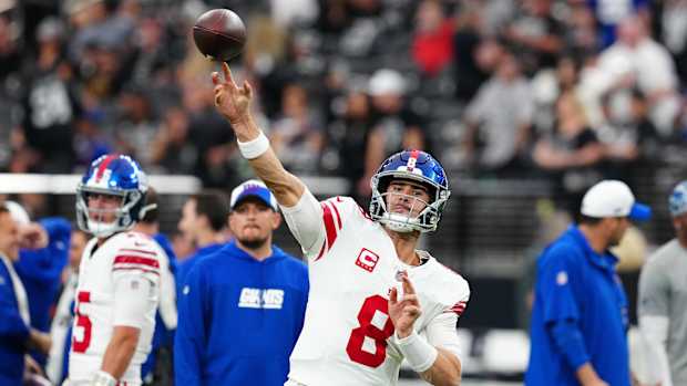 Nov 5, 2023; Paradise, Nevada, USA; New York Giants quarterback Daniel Jones (8) warms up before a game against the Las Vegas Raiders at Allegiant Stadium.